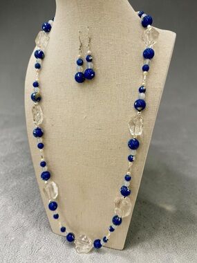 Artisan Crystal Quartz AAA Opalite Genuine Pearl Necklace Set Blue MOP Beads 24”
